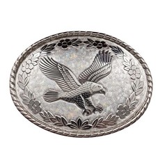 Western Belt Buckle Silver Tone Soaring Eagle Floral Oval Vtg W Made in USA Lg