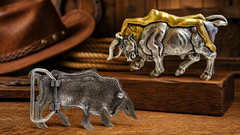 Western Bull Cowboy Belt Buckle Antique Silver Gold Tone Rodeo Fits 1-1/2&Prime; Belt