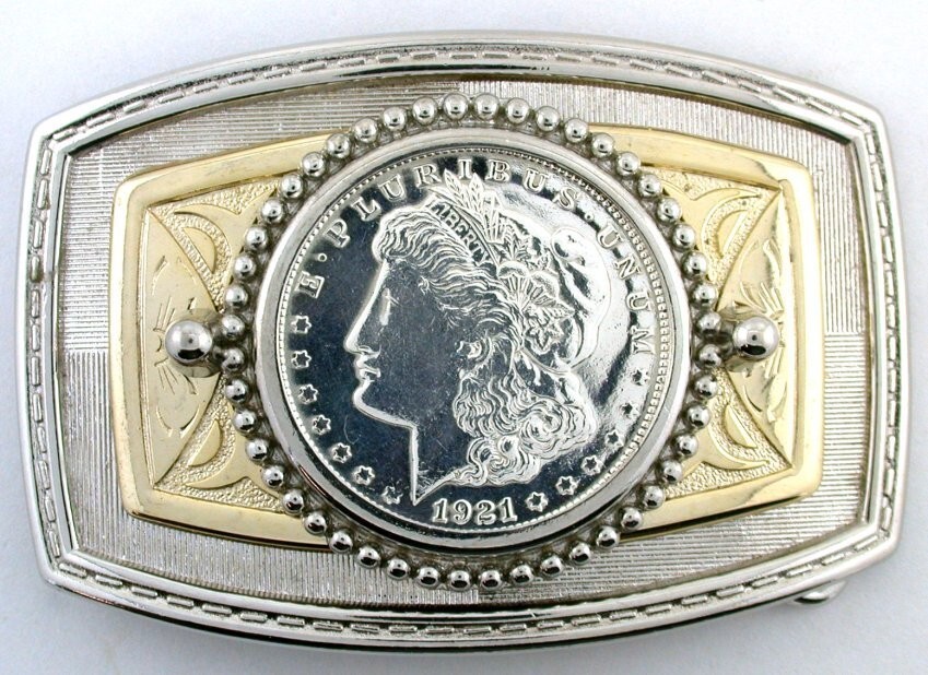 Silver Gold Color REAL 1921 Morgan Silver Dollar Belt Buckle EPBB188-12123