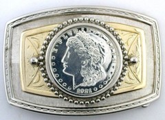 Silver Gold Color REAL 1921 Morgan Silver Dollar Belt Buckle EPBB188-12123