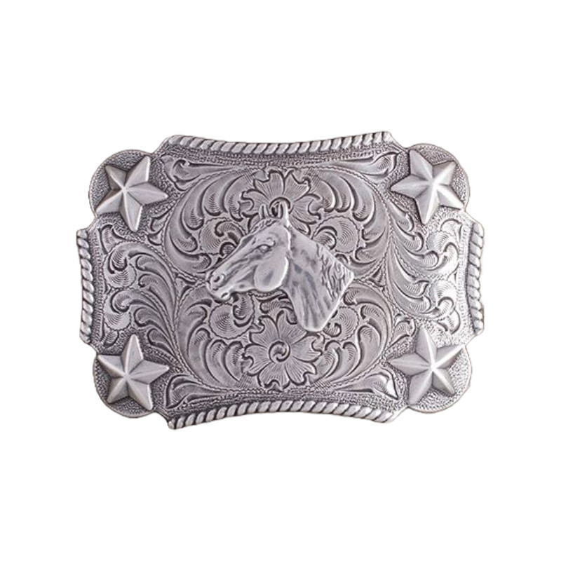 Nocona Youth Silver Rectangular Horse Star Belt Buckle 3603007