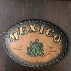 Vintage Tooled & Painted Mexico Souvenir Leather Belt Buckle Cactus Aluminum 70s