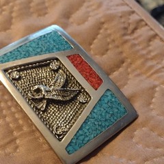 Vintage Men&rsquo;s Western Eagle Belt Buckle Silver Turquoise Coral Inlay