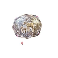 Vintage Silverado Sterling Silver Red Stones Brass Belt Buckle 121g Horse Foal