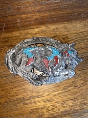 BELT BUCKLE, WOLF MOTIFF, PEWTER & TURQUIOSE, 4-INCH, MADE IN USA EJC96