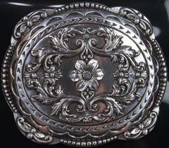 Nocona Western BLAZIN ROXX Belt Buckle Oval Floral Rhinestones Silver 37538