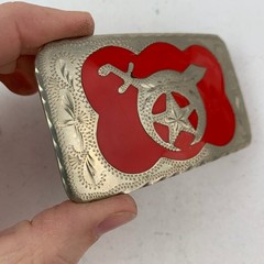 Shriner Masonic Western Flair Belt Buckle Red Silver Hand Engraved