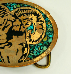 Bighorn Ram brass western belt buckle turquoise inlay vintage Harmony Metal
