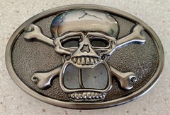 Kalan Skull & Crossbones Belt Buckle Bottle Opener Novelty Silver Tone Oval