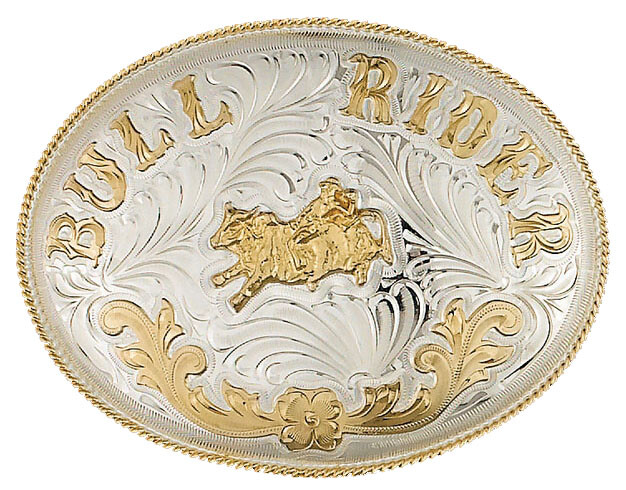 New! German silver & gold OVERSIZED &lsquo;BULL RIDER&rsquo; BELT BUCKLE w/ Gold rope trim