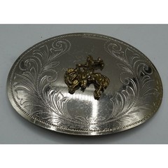 Western Silver Tone Oval Belt Buckle Gold Tone Bronc Rider Engraved Scroll 3.75&Prime;