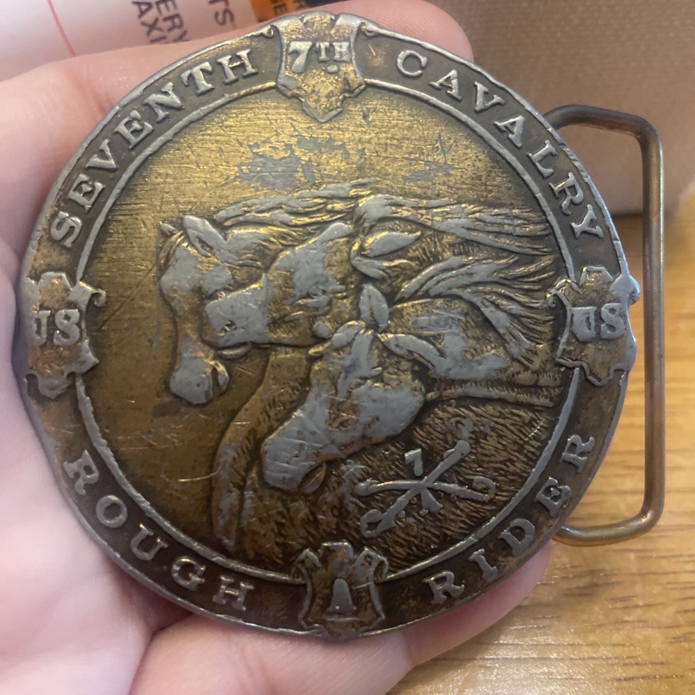 Vintage 1970s Brass Seventh Cavalry Rough Rider Belt Buckle