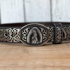 Genuine Laser Cut Leather Virgen Western Belt with Removable Buckle – Silver