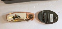 Pocket Knife And Belt Buckle Set In Tin Cowboy Western Rodeo