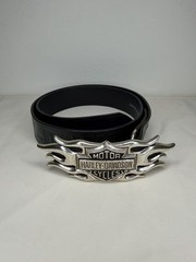 Vtg Y2k Harley Davidson Motorcycles Embossed Belt & Silver Flames Buckle Size 32