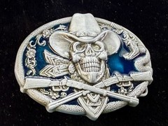 Cowboy Skull Bandana W/ Crossed Rifle Snakes Blue Background Western Belt Buckle