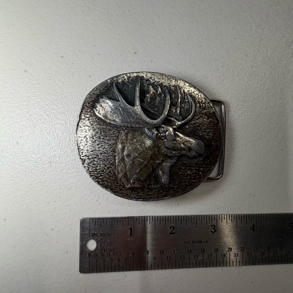 Vintage Moose Belt Buckle Silver Tone Metal Oval Wildlife Hunting Cabin Decor