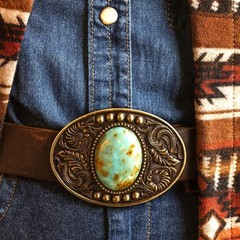 Teal Turquoise Stone Western Belt Buckle Cowboy Brass Agate Inlay 1.5in Strap