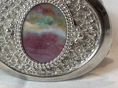 Vtg Western Style Belt Buckle Silvertone And Polished Flat Multicolor Stone