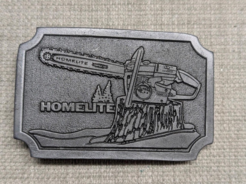 vintage HOMELITE belt buckle CHAINSAW pewter LUMBERJACK western cowboy