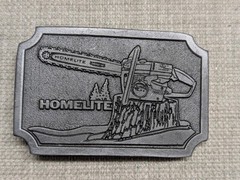 vintage HOMELITE belt buckle CHAINSAW pewter LUMBERJACK western cowboy
