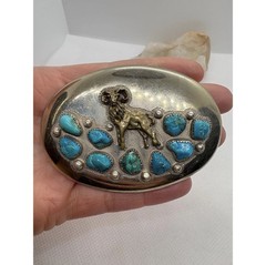 Vintage Ahumada & Sons Baboquivari Turquoise Ram Belt Buckle Silver Tone Oval
