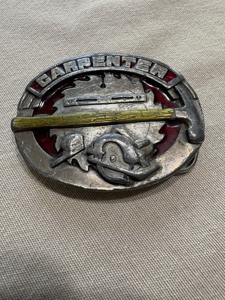 1991 Vintage Pewter Belt Buckle Carpenter Woodwork Saw Blade Pattern
