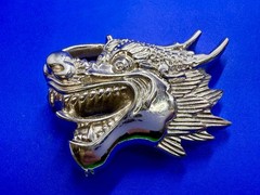 Mystical Asian Chinese Dragon Head Figural Cutout Silver Color Belt Buckle