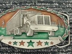 🔥 Vintage Silver Tone Metal Green Enamel Trucker Semi Western Belt Buckle 1982