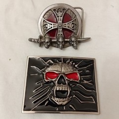 Lot Of 2 Round Iron Cross Know Sword With Skulls Belt Buckle Plus Screaming…