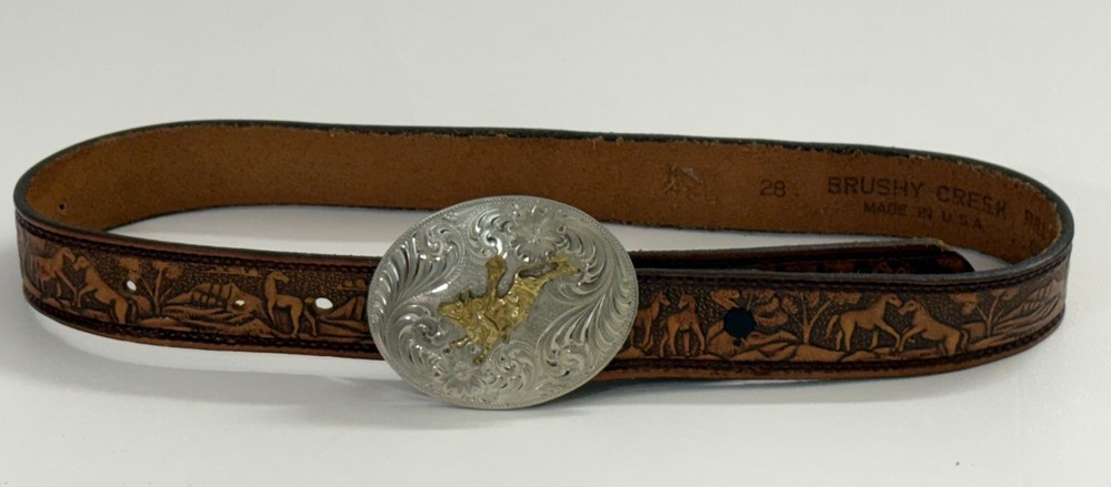 VTG Montana Silversmiths Bull Rider Buckle w/ Brushy Creek Leather Belt 28