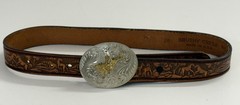 VTG Montana Silversmiths Bull Rider Buckle w/ Brushy Creek Leather Belt 28