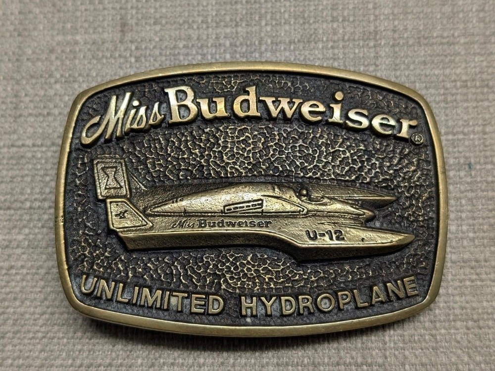 vintage USA made MISS BUDWEISER belt buckle UNLIMITED HYDROPLANE solid brass