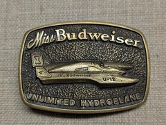 vintage USA made MISS BUDWEISER belt buckle UNLIMITED HYDROPLANE solid brass