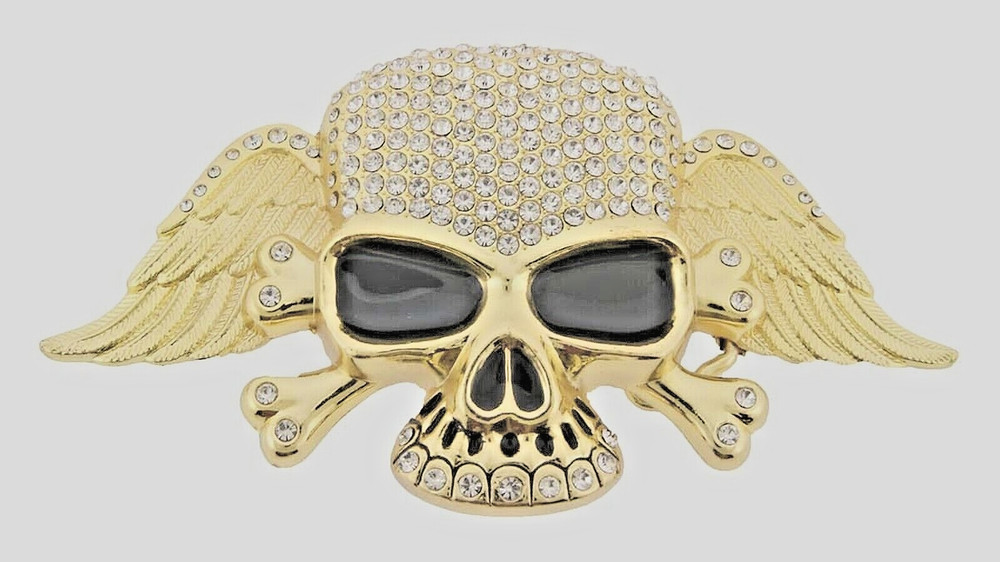 Skull Belt Buckle Crossbone Feather Skeleton Halloween Pirate Costume Bling Gold