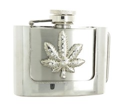 Rhinestone Marijuana Leaf 2 oz Stainless Steel Flask Belt Buckle
