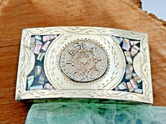 Vintage Mexico Alpaca Silver Mother of Pearl Aztec Calendar Belt Buckle–1326.25