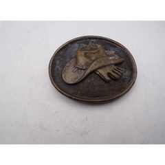 Vintage Western Cowboy Hat and Gloves Brass Tone Oval Belt Buckle Rustic Rodeo