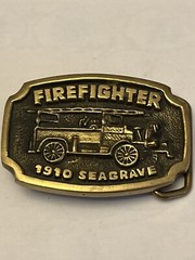 Vintage Firefighter 1910 Seagrave Fire Truck Belt Buckle Solid Brass BTS MadeUSA