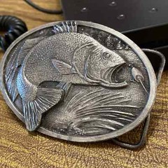 Vintage 1977 3D top water jumping Bass Pewter Gray Bergamot X-144 Belt Buckle