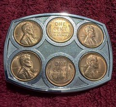 Belt Buckle with Embedded Lincoln One Cent Pennies, Silver Tone Plate Buckle