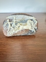 Vintage Large Carved Cream & Brown Resin Woman and Man Chariot Horses Belt Buckl
