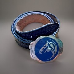 Horse Head Belt Buckle and Black Leather Belt 47 in Made in Mexico
