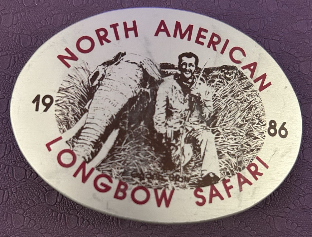 Longbow Safari 1986 Elephant Graphic Oval Belt Buckle Silver Metal Clip.