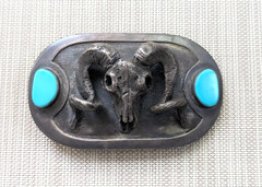 Vintage 3D Long Horned Ram Skull & Turqouise Metal Belt Buckle 4&Prime;x2 1/4&Prime;