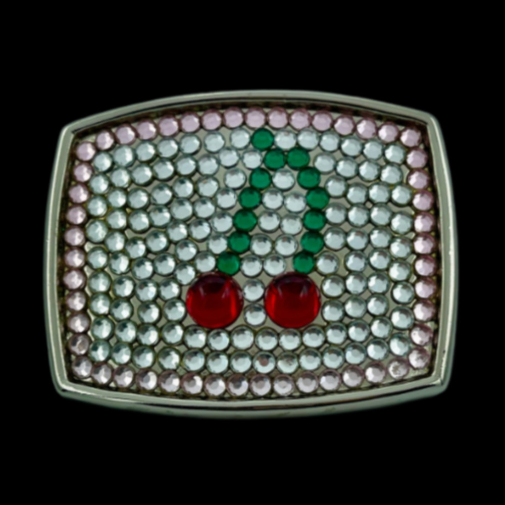 White Rhinestone Lucky Cherries Hot Cherry Pop Belt Buckle