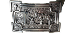 Nocona Mens Belt Buckle 3.5 x 2.5 in Cowboy Horse Cross Western Silver 1.5
