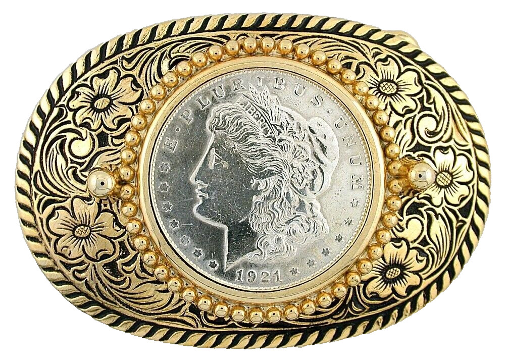 Gold Color Oval Western REAL 1921 Morgan Silver Dollar Belt Buckle PBB59/32126
