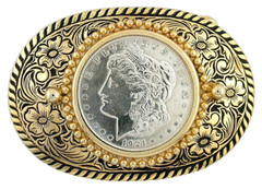 Gold Color Oval Western REAL 1921 Morgan Silver Dollar Belt Buckle PBB59/32126