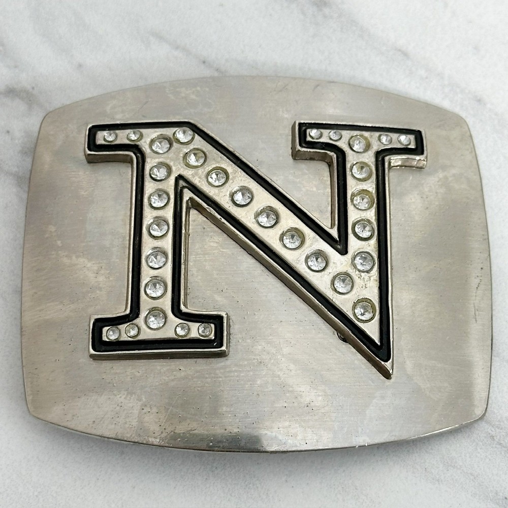 Rhinestone Studded N Letter Initial Monogram Silver Tone Belt Buckle
